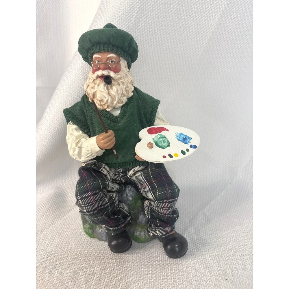 Musical Artist Santa Claus Figurine Painter with Palette Plaid Pants 10 Inch